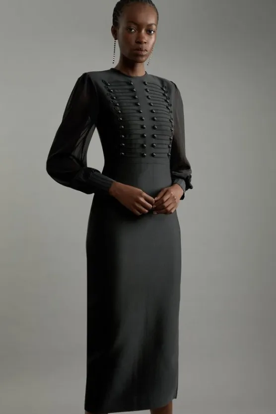 Karen Millen Tall Figure Form Bandage Knit Chiffon Sleeve Military Trim Midaxi Dress black Clearance
