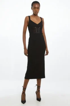 Karen Millen Tall Figure Form Corset Detail Woven Strappy Midi Dress black Clearance