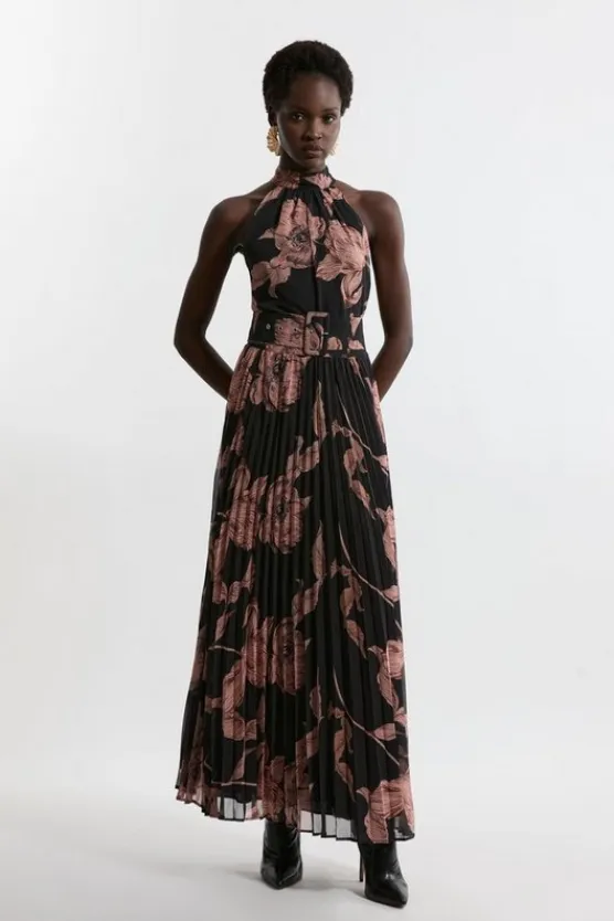 Karen Millen Tall Belted Pleated Woven Midi Dress floral New