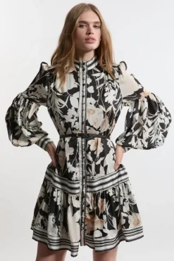Karen Millen Tall Pleated Belted Woven Mini Dress floral Clearance