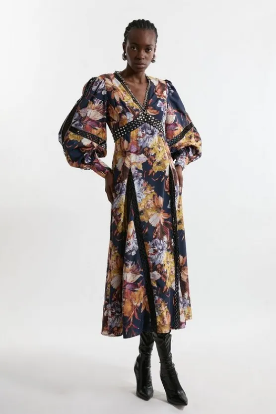 Karen Millen Tall Studded Lace Woven Maxi Dress floral Sale