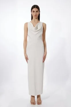 Karen Millen Tall Fluid Tailored Cowl Neck Backless Maxi Dress ivory Fashion