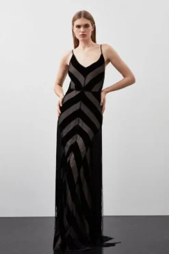 Karen Millen Tall Fringed Velvet Devore Woven Maxi Dress black Fashion