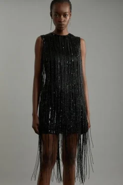 Karen Millen Tall Fringe Woven Sleeveless Midi Dress black Outlet