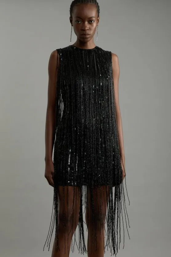 Karen Millen Tall Fringe Woven Sleeveless Midi Dress black Outlet