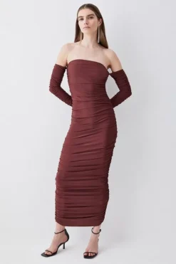 Karen Millen Tall Gathered Slinky Off The Shoulder Maxi Dress chocolate Sale