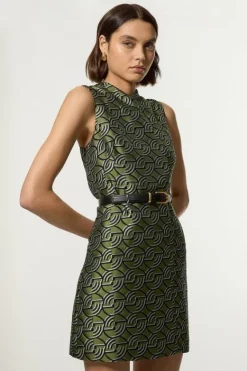 Karen Millen Tall Geo Jacquard Twill Tailored Belted Mini Dress green New