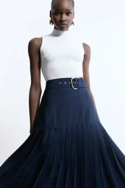 Karen Millen Tall Georgette Asymmetric Pleat Woven Midi Skirt navy Fashion