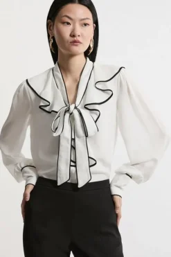 Karen Millen Tall Georgette Draped Front Woven Blouse ivory Fashion