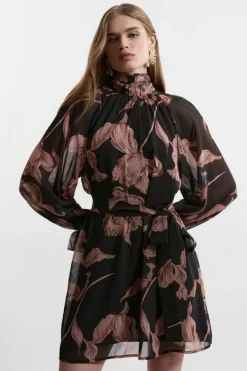 Karen Millen Tall Georgette Tie Neck Woven Mini Dress floral Discount