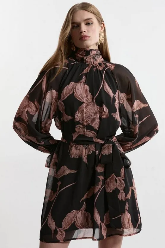 Karen Millen Tall Georgette Tie Neck Woven Mini Dress floral Discount