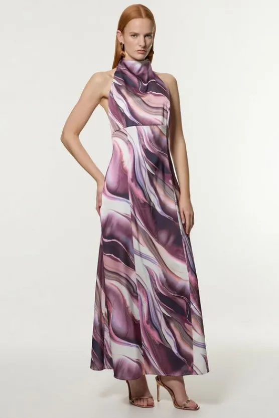 Karen Millen Tall Graduated Stripe Viscose Satin Halter Dress purple Best