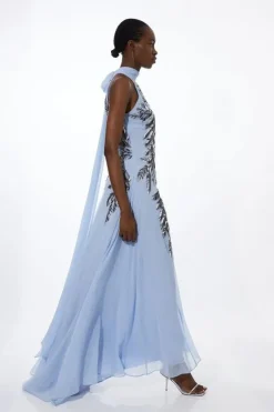 Karen Millen Tall Halter Neck Feather Sequin Detail Woven Maxi Dress blue Clearance