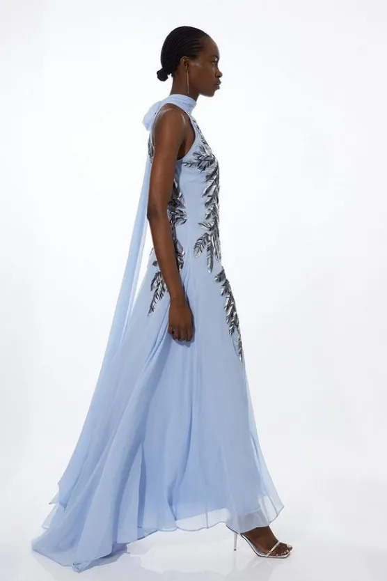 Karen Millen Tall Halter Neck Feather Sequin Detail Woven Maxi Dress blue Clearance