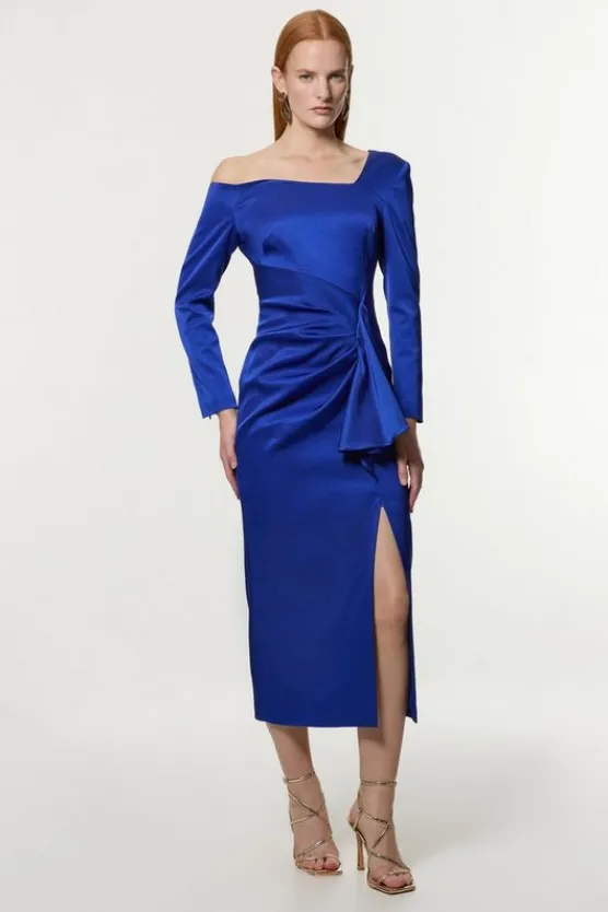 Karen Millen Tall Italian Structured Rib Asymmetric Neckline Draped Tailored Midi Dress blue Discount