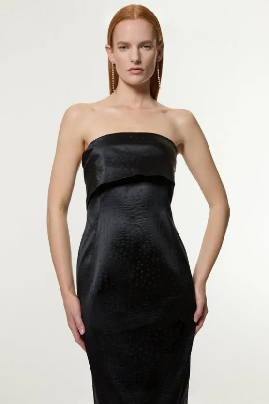 Karen Millen Tall Italian Structured Textured Satin Bandeau Tailored Midi Dress black New