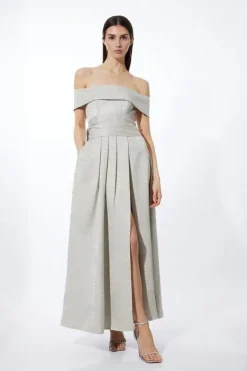 Karen Millen Tall Jacquard Woven Off The Shoulder Maxi Dress ivory Fashion