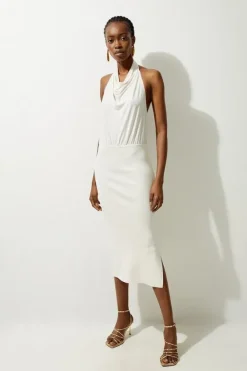 Karen Millen Tall Jersey Knit Mix Halter Neck Midi Dress cream Best