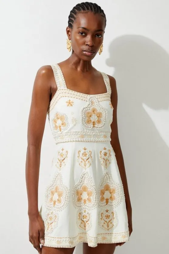 Karen Millen Tall Linen Embroidered Strappy Woven Mini Dress ivory Discount