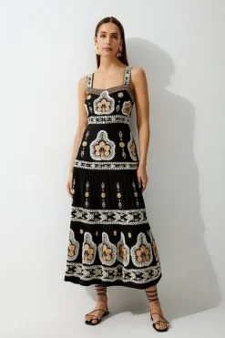 Karen Millen Tall Linen Embroidered Strappy Woven Maxi Dress black Best