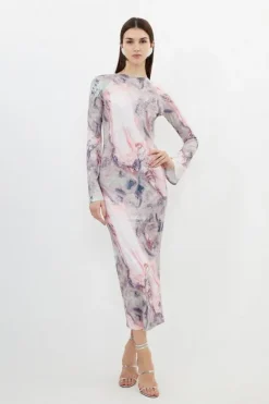 Karen Millen Tall Marble Print Jersey Long Sleeve Maxi Dress pink Clearance