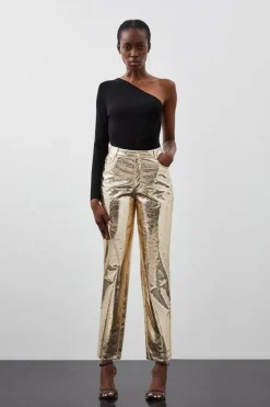 Karen Millen Tall Metallic Faux Leather Straight Pants gold Clearance