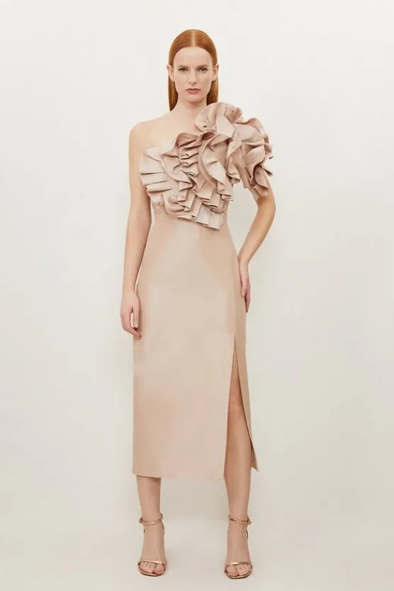 Karen Millen Tall Metallic Taffeta Rosette Midi Off The Shoulder Dress champagne Online