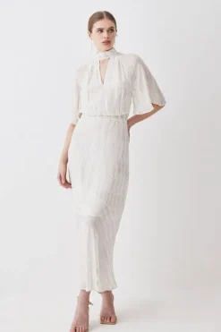 Karen Millen Tall Metallic Viscose Georgette Angel Sleeve Woven Midi Dress ivory Online