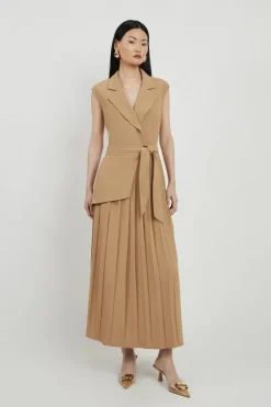 Karen Millen Tall Military Pleat Sleeveless Midi Dress camel Online