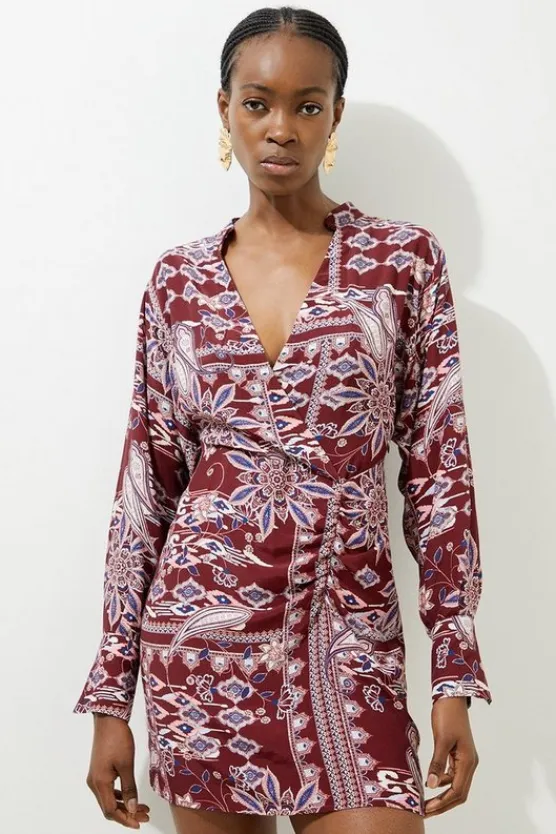 Karen Millen Tall Mixed Print Viscose Crepe Balloon Sleeve Mini Dress orange Clearance