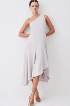 Karen Millen Tall One Shoulder Soft Tailored High Low Midi Dress mink New