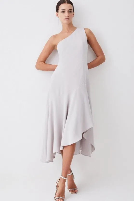 Karen Millen Tall One Shoulder Soft Tailored High Low Midi Dress mink New