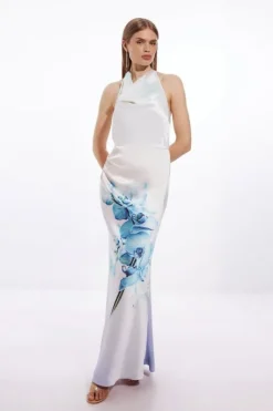 Karen Millen Tall Ooto Heavy Satin Draped Woven Halter Maxi Dress floral Clearance