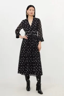 Karen Millen Tall Pleated Contrast Georgette Spot Woven Midi Dress black Sale