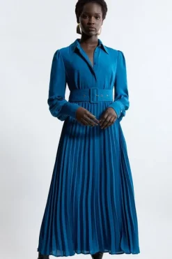 Karen Millen Tall Pleated Woven Maxi Shirt Dress With Belt teal Sale