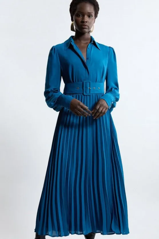 Karen Millen Tall Pleated Woven Maxi Shirt Dress With Belt teal Sale