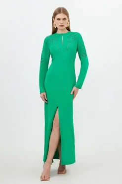 Karen Millen Tall Premium Cady Cutwork Long Sleeve Woven Maxi Dress green Outlet