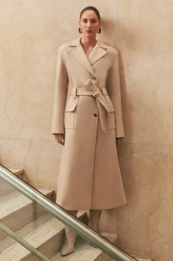 Karen Millen Tall Premium Italian Manteco Wool Belted Tailored Midaxi Coat oatmeal Outlet
