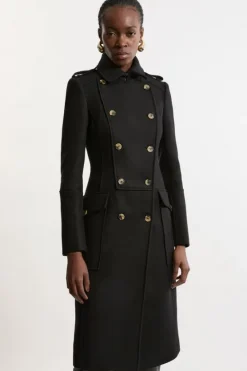Karen Millen Tall Premium Italian Manteco Wool Military Tailored Midi Coat black Best