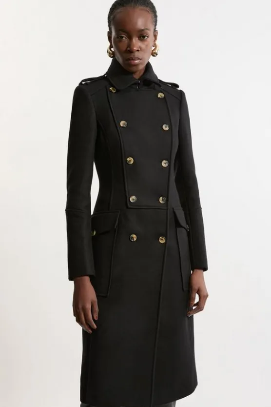Karen Millen Tall Premium Italian Manteco Wool Military Tailored Midi Coat black Best