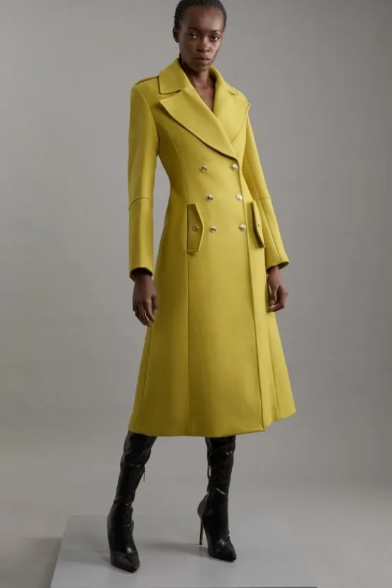 Karen Millen Tall Premium Italian Manteco Wool Military Double Breasted Tailored Midaxi Coat mustard Online