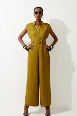 Karen Millen Tall Premium Linen Topstitch Belted Jumpsuit khaki Discount