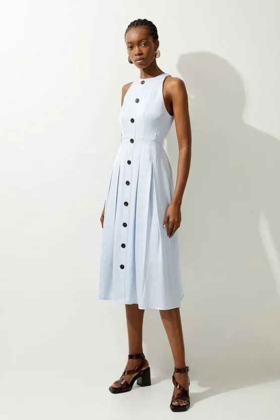 Karen Millen Tall Premium Tailored Linen Button Through Full Skirted Midi Dress paleblue Discount