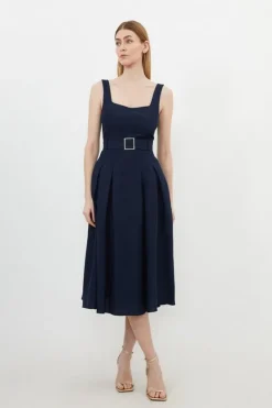 Karen Millen Tall Premium Tailored Linen Square Neck Belted Midi Dress navy Sale