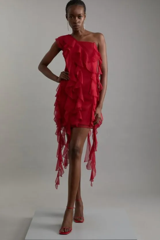 Karen Millen Tall Premium Viscose Georgette Panelled Ruffle Detail Woven Midi Dress red New