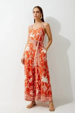 Karen Millen Tall Printed Viscose Woven Tie Waist Wide Leg Jumpsuit orange New