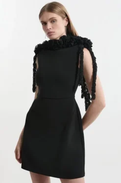 Karen Millen Tall Rosette And Ruffle Compact Viscose Tailored Mini Dress black Clearance
