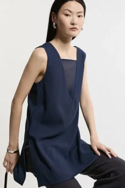 Karen Millen Tall Satin Back Crepe Deep V Woven Tunic navy Sale