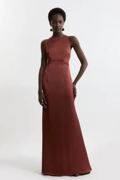 Karen Millen Tall Satin Back Crepe Long Sleeved Column Woven Maxi Dress chocolate Hot