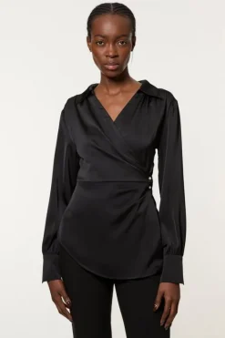 Karen Millen Tall Satin Back Crepe Pearl Detail Wrap Blouse black Fashion